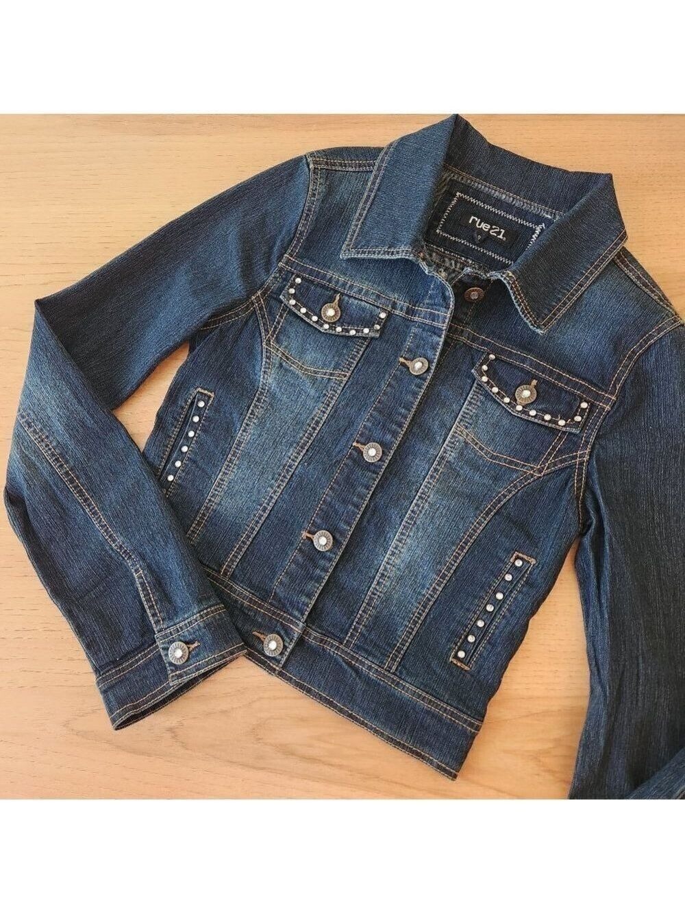 RUE 21 RHINESTONE STUDDED CROPPED DARK DENIM JACKET - JUNIOR SMALL -EUC
